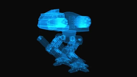 Futuristic robot machine gun turret wireframe scheme. 3d render with blue grid l Stock Footage 140815665