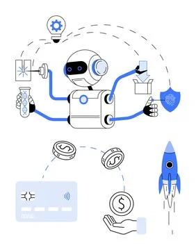 Futuristic Robot with Multiple Tasks Featuring AI Technology, Big Data, Rob.. 스톡 일러스트