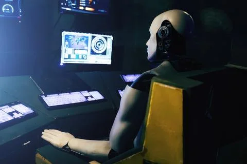 Futuristic robot operates control panel Stock Photos