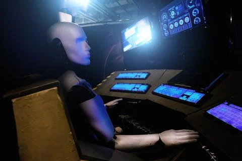 Futuristic robot operates control panel Stock Photos