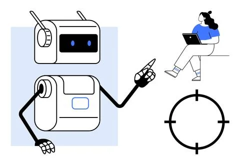 Futuristic robot with outstretched arm pointing, seated woman using a laptop, Illustrazione stock