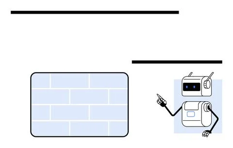 Futuristic robot pointing towards a blueprint-thumbs up wall structure with g Stock Illustration