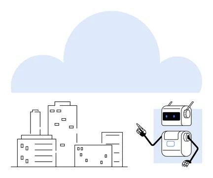 Futuristic Robot Points to Modern City Buildings Under a Giant Cloud Symbol Ilustración de archivo
