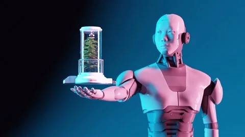 Futuristic Robot Presenting Bioengineered Plant Specimen Stock Footage 260789630