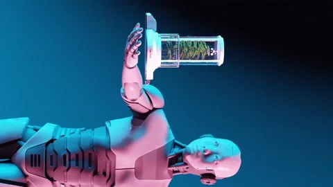 Futuristic Robot Presenting Bioengineered Plant Specimen vertical Stock Footage 260870453
