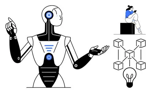 Futuristic robot presenting technological ideas. Woman reading book on a bloc Stock Illustration