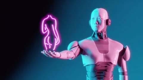 A futuristic robot presents an animated glowing female body icon representi.. Stock Footage 337598085