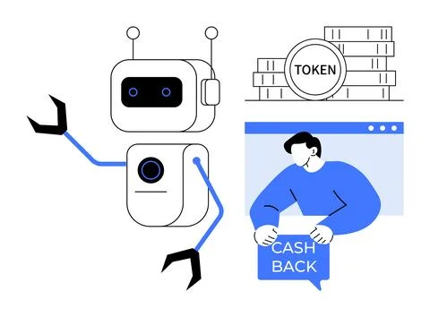 Futuristic Robot Promoting Token Cashback with Human Interaction 库存插图