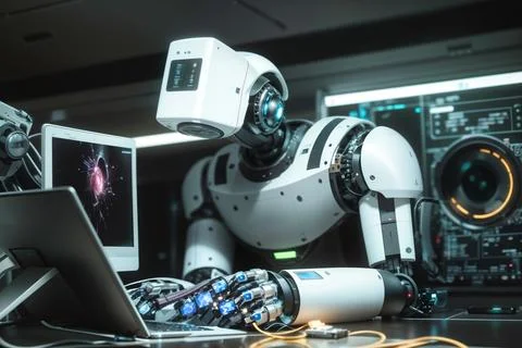 Futuristic Robot Scenarios - Artificial Intelligence Concepts Stock Illustration