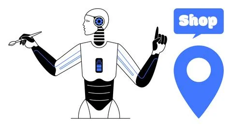 Futuristic Robot with Shopping Elements and Location Symbol in Minimalist D.. 스톡 일러스트