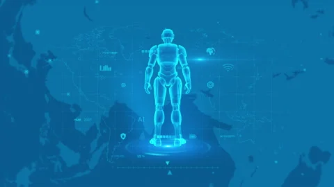 Futuristic Robot Standing on Digital World Map Interface Concept Art Stock-Footage 342231307