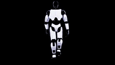 Futuristic Robot Stands Against Black Background in High Contrast Image Stock Footage 339055762