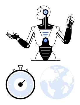 Futuristic Robot with Stopwatch and Globe Highlighting AI Advancements and .. Illustrazione stock