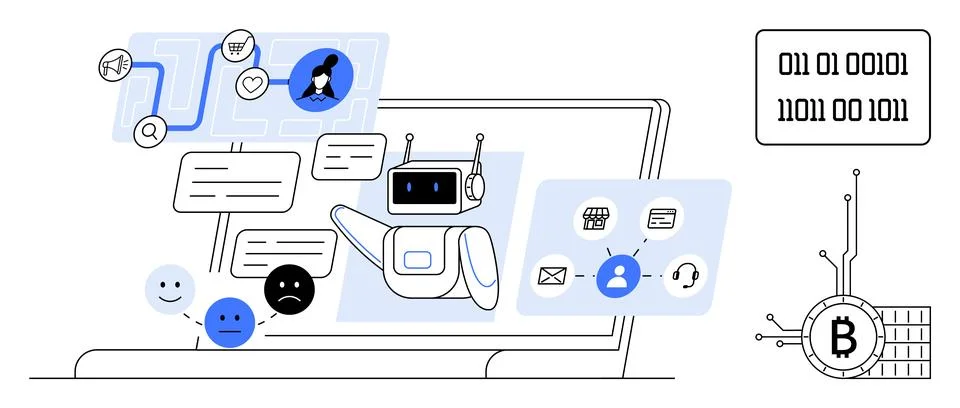 A futuristic robot surrounded by speech bubbles, emoticons, crypto circuit, a Illustration