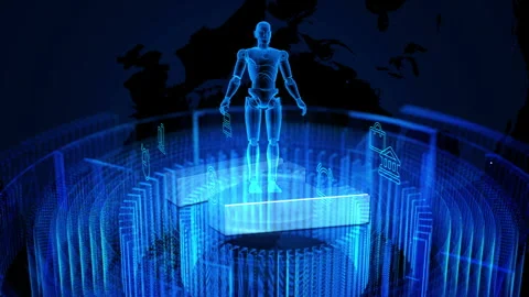 Futuristic Robot in Virtual Digital World with Holographic Elements 库存影片 339264389