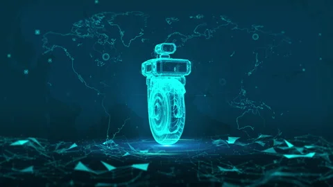 Futuristic Robot Wheel with Digital World Map in High Tech Neon Atmosphere 库存影片 343373950