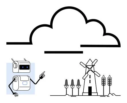 Futuristic Robot with Windmill and Crops Under Cloud Symbolizing Modern Agr.. Stock Illustration