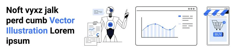 Futuristic Robot Worker with Data Analysis Graph and Mobile Shopping Interfac Illustrazione stock