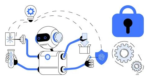 Futuristic Robot Working on Cybersecurity and Innovative Technologies イラスト素材