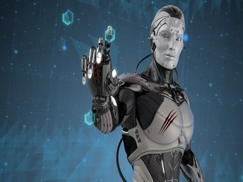 Futuristic Robot working with virtual interface Stock Footage