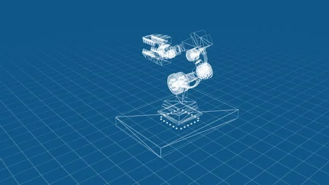 Futuristic Robotic Arm Blueprint in Digital Wireframe on Blue Grid 库存影片 334582838