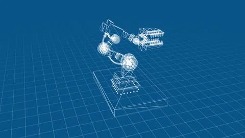 Futuristic Robotic Arm Blueprint on a Gridded Surface with Digital Precision Stock Illustration
