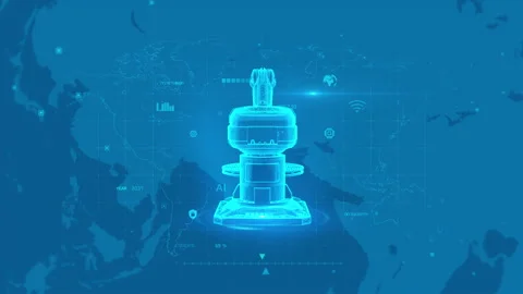 Futuristic Robotic Arm with Digital Overlay on World Map Background Stock Footage 342507824