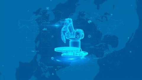 Futuristic Robotic Arm with Digital Overlay on World Map Background Иллюстрация