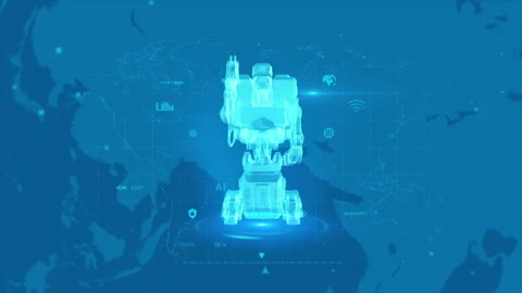 Futuristic Robotic Designs: AI-Powered Machinery over Digital World Map Stock Footage 342590010