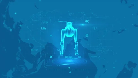 Futuristic Robotic Dog Design on Digital World Map Interface Background Stock Footage 342234777