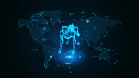 Futuristic Robotic Dog on Digital World Map Interface AI Technology Stock Footage 342231320