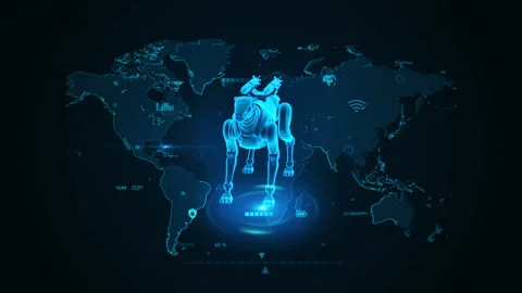 Futuristic Robotic Dog on Digital World Map Background Representing AI Tech.. Stock Footage 342292125