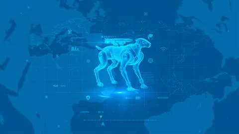Futuristic Robotic Dog on Global Digital Map Background with Technology Elements Stock Illustration