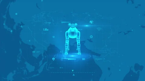 Futuristic Robotic Dog on World Map with Digital Blue Interface Design Stock Footage 342292000