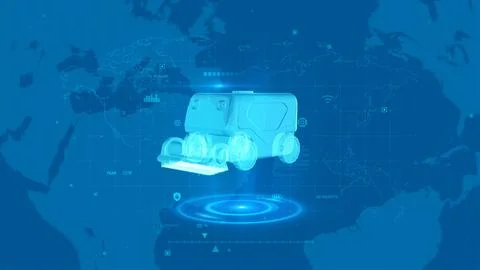 Futuristic Robotic Exploration Concept Over Global Digital Map Projection Stock Illustration