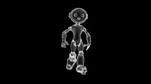 Futuristic Robotic Figure Against Black Background in Neon Outline Style Stock Footage 339059016