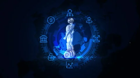 Futuristic Robotic Figure with Digital Interface and AI Symbols in Dark Blu.. 库存影片 339112478