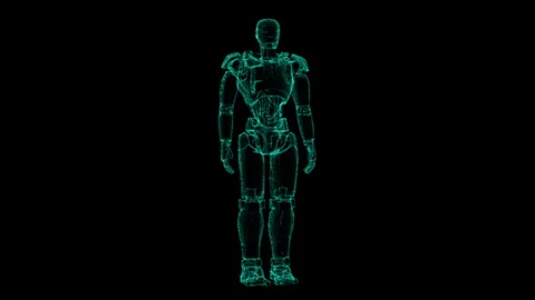 Futuristic Robotic Figure in Neon Wireframe Digital Artwork Stock Footage 339057718