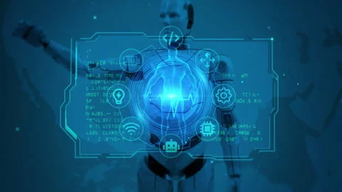 Futuristic Robotic Figures with Interactive Holographic Displays in a Digit.. 스톡 동영상 339131090