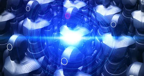 Futuristic robotic figures walking in crowd with cinematic style. Stock Footage 318246992