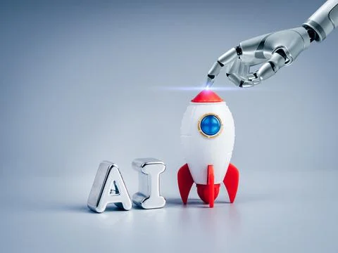 Futuristic robotic hand launching rocket beside 3d AI letters, symbolizing .. Stock Photos
