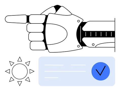 Futuristic Robotic Hand Pointing Right with Interface Elements and Sun Icon Stock Illustration