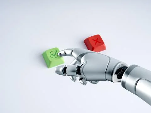 Futuristic robotic hand selects green approval key beside red rejection key.. Photos