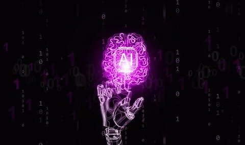 Futuristic robotic hand touching glowing AI brain symbol with binary code b.. Stock Illustration