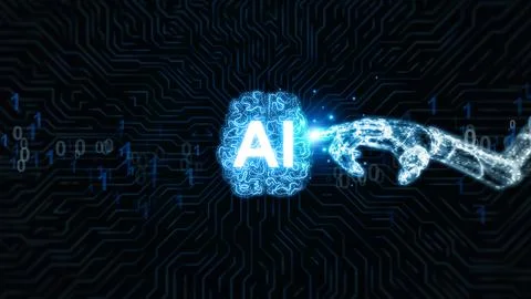 Futuristic robotic hand touching glowing AI brain on digital circuit backgr.. Stockillustratie