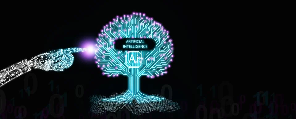 Futuristic robotic hand touching glowing circuit tree with artificial intel.. Stock Illustration