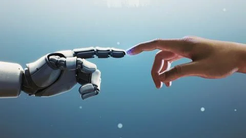 Futuristic Robotic Hand Touching Human One That Gradually Morphs Into Robotic Stock Photos