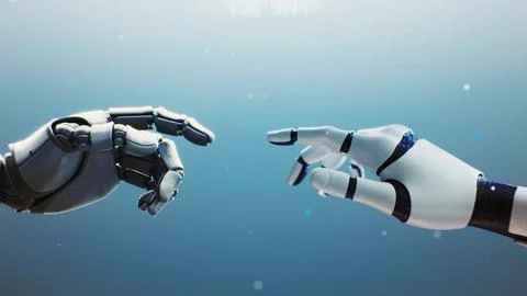 Futuristic Robotic Hand Touching Human One That Gradually Morphs Into Robotic Stock Photos