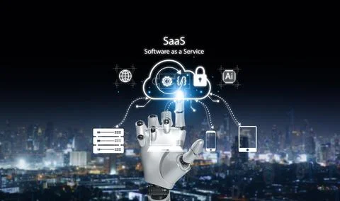 Futuristic robotic hand touching SaaS, Software as a Service, cloud technol.. Foto stock