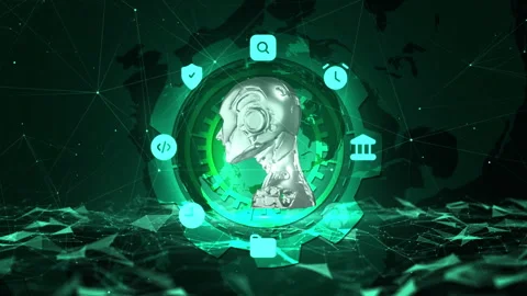 Futuristic Robotic Head Surrounded by Tech Icons on a Digital Green World Map 库存影片 339234403